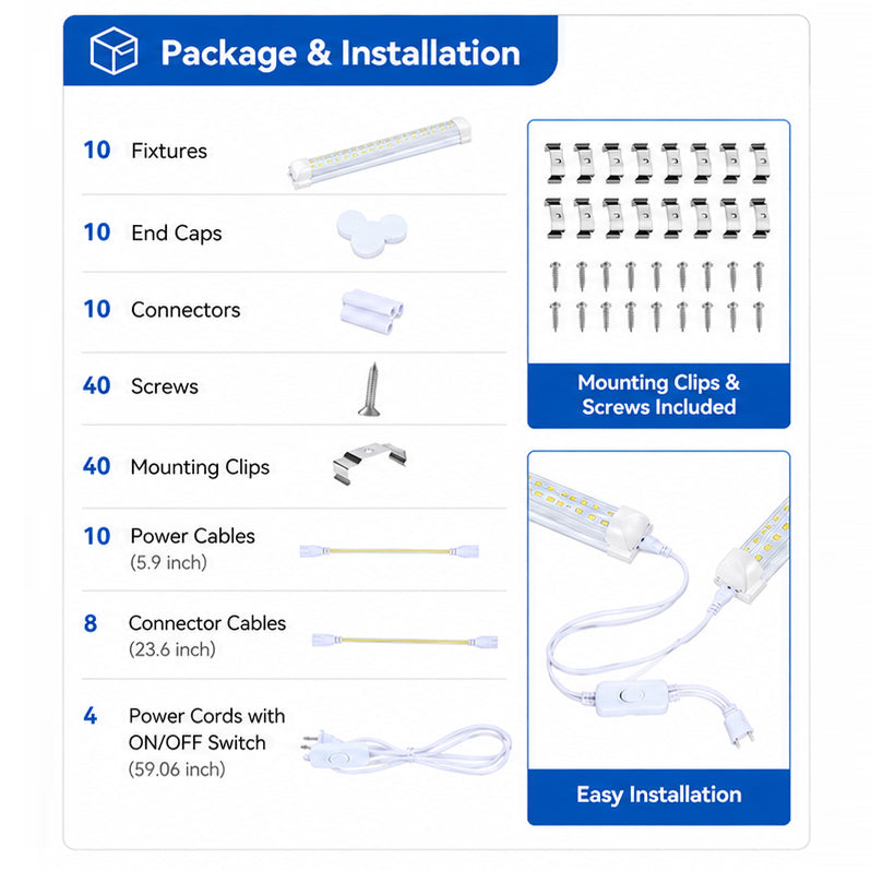 30-Pack 8FT LED Tube Light Fixtures, 90W 10000 Lumens, 5000K Daylight White, Integrated V-Shaped T8 Shop Lights, Clear Cover for Garage, Warehouse, Basement, Workshop & Commercial Lighting
