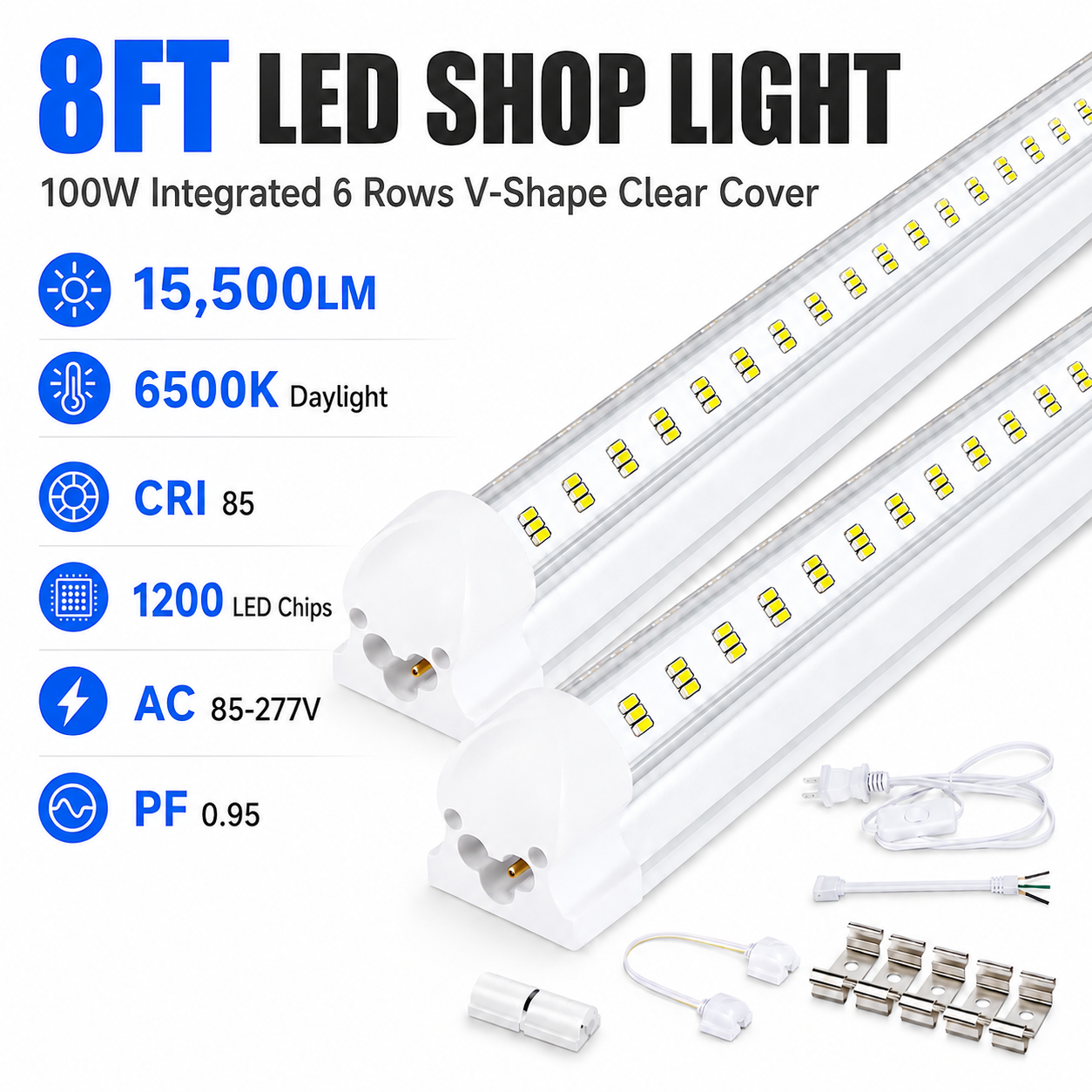 10-Pack 8FT LED Shop Light Fixture, 100W Integrated LED Tube Light,15500LM, 6500K, Clear Cover,6 Rows V Shape 270 Degree T8 LED Lighting for Garage Warehouse Workshop Basement