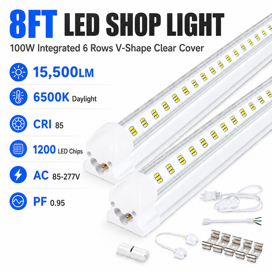 10-Pack 8FT LED Shop Light Fixture, 100W Integrated LED Tube Light,15500LM, 6500K, Clear Cover,6 Rows V Shape 270 Degree T8 LED Lighting for Garage Warehouse Workshop Basement
