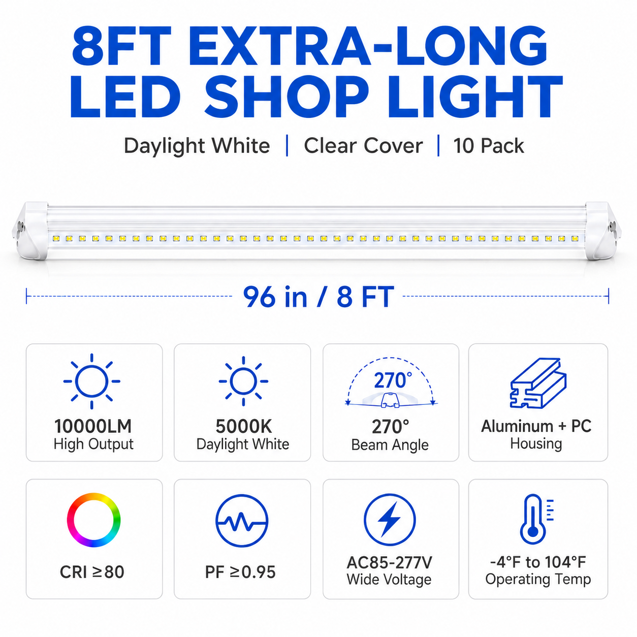 30-Pack 8FT LED Tube Light Fixtures, 90W 10000 Lumens, 5000K Daylight White, Integrated V-Shaped T8 Shop Lights, Clear Cover for Garage, Warehouse, Basement, Workshop & Commercial Lighting