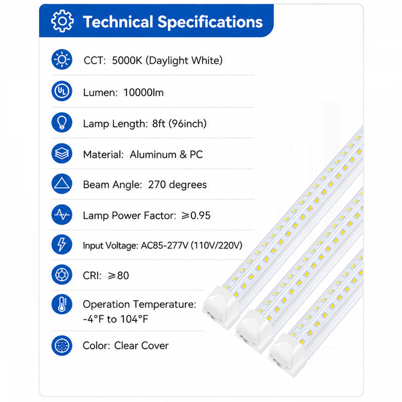 30-Pack 8FT LED Tube Light Fixtures, 90W 10000 Lumens, 5000K Daylight White, Integrated V-Shaped T8 Shop Lights, Clear Cover for Garage, Warehouse, Basement, Workshop & Commercial Lighting