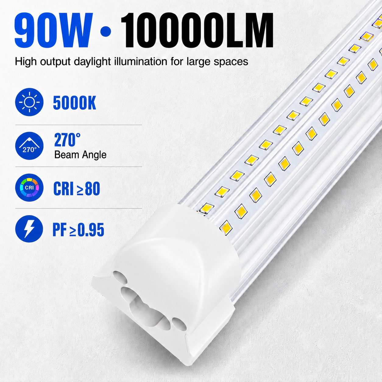 30-Pack 8FT LED Tube Light Fixtures, 90W 10000 Lumens, 5000K Daylight White, Integrated V-Shaped T8 Shop Lights, Clear Cover for Garage, Warehouse, Basement, Workshop & Commercial Lighting