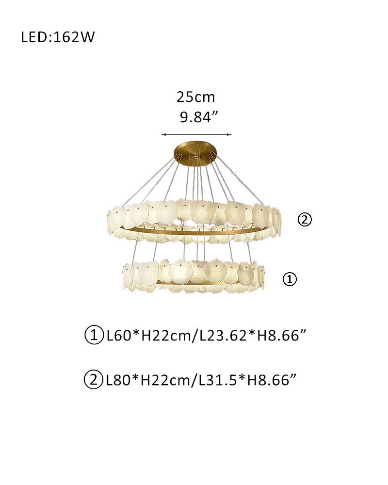 3 - tiered stairwell chandeliers | irregular alabaster plate in disk ceiling with long cord - D23.6" + D31.5"White + Brassgayusan