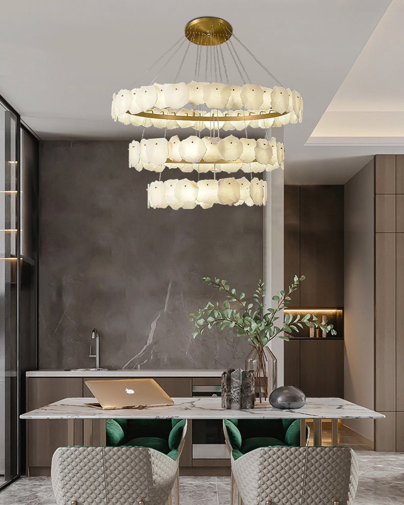 3 - tiered stairwell chandeliers | irregular alabaster plate in disk ceiling with long cord - D23.6" + D31.5"White + Brassgayusan