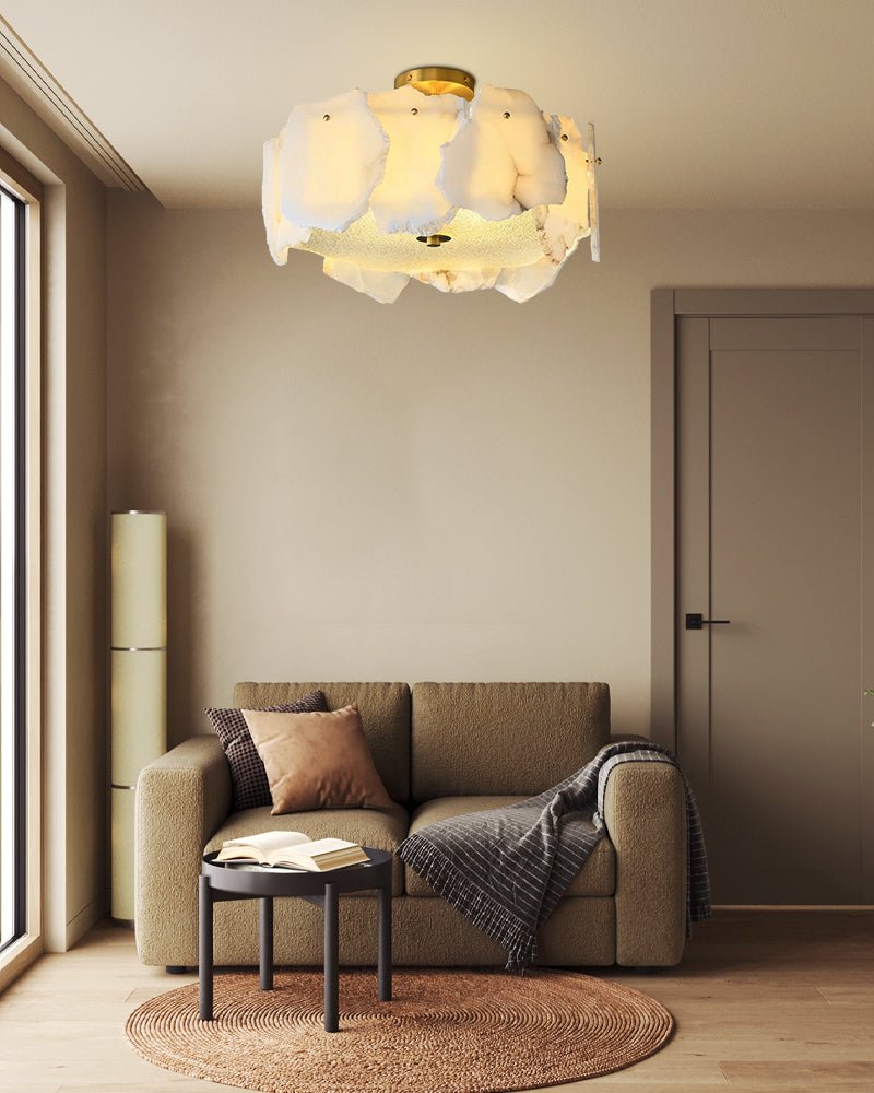 3 - tiered stairwell chandeliers | irregular alabaster plate in disk ceiling with long cord - D23.6" + D31.5"White + Brassgayusan