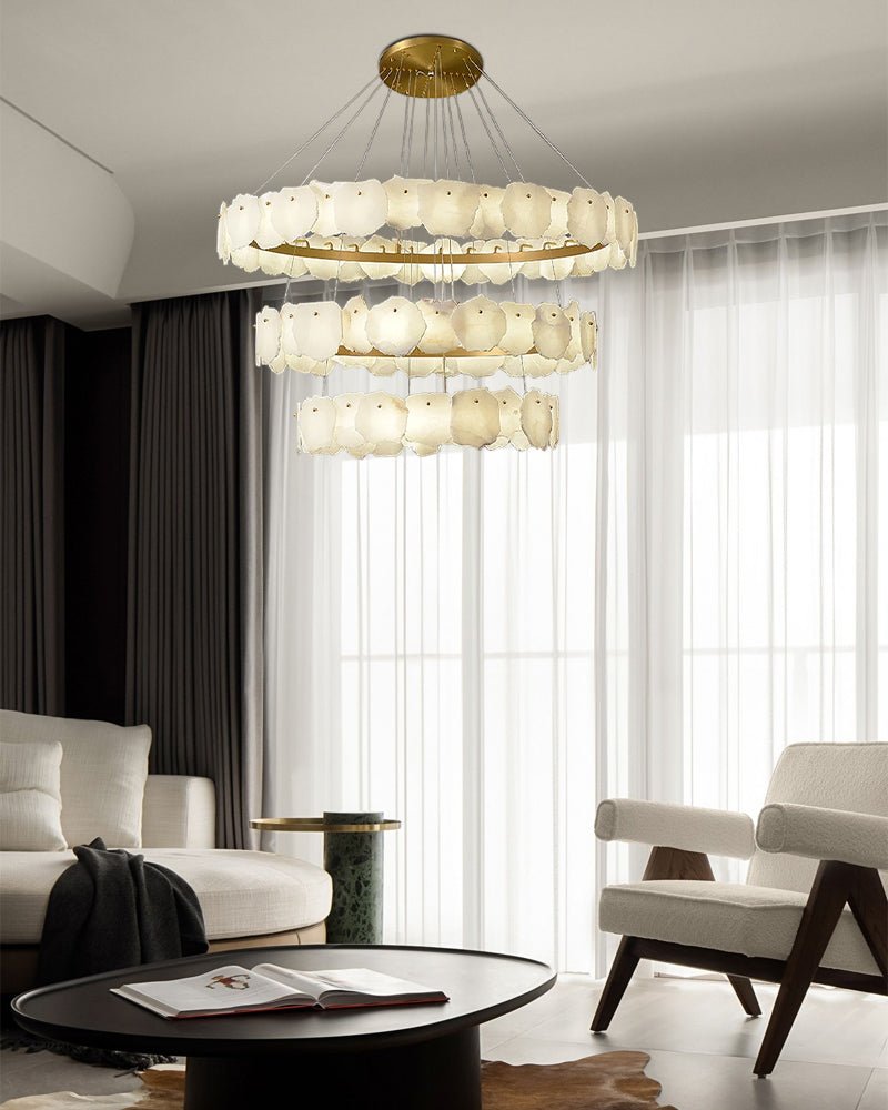 3 - tiered stairwell chandeliers | irregular alabaster plate in disk ceiling with long cord - D23.6" + D31.5"White + Brassgayusan