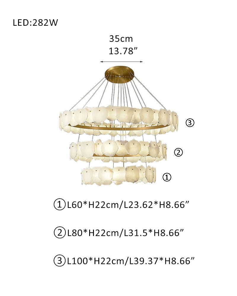 3 - tiered stairwell chandeliers | irregular alabaster plate in disk ceiling with long cord - D23.6" + D31.5" + D39.4"White + Brassgayusan