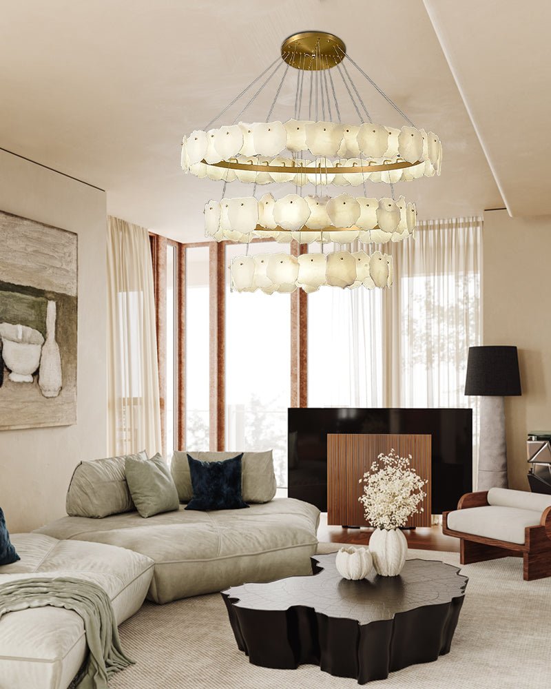 3 - tiered stairwell chandeliers | irregular alabaster plate in disk ceiling with long cord - D23.6" + D31.5"White + Brassgayusan