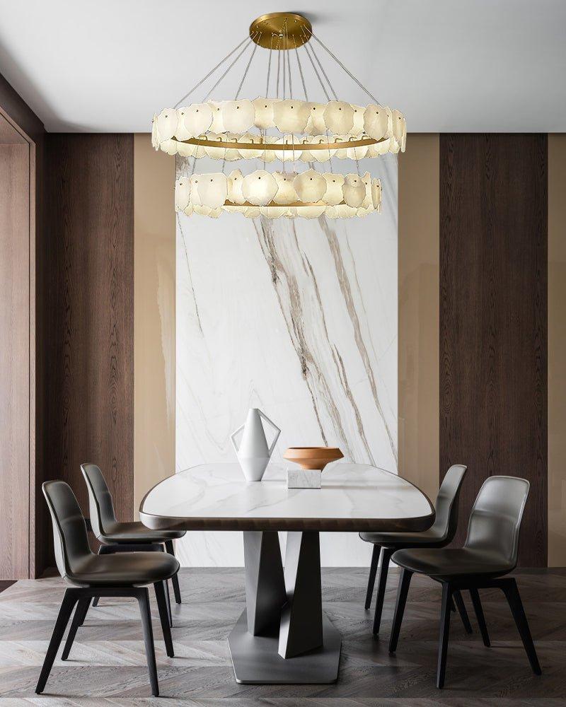 3 - tiered stairwell chandeliers | irregular alabaster plate in disk ceiling with long cord - D23.6" + D31.5"White + Brassgayusan