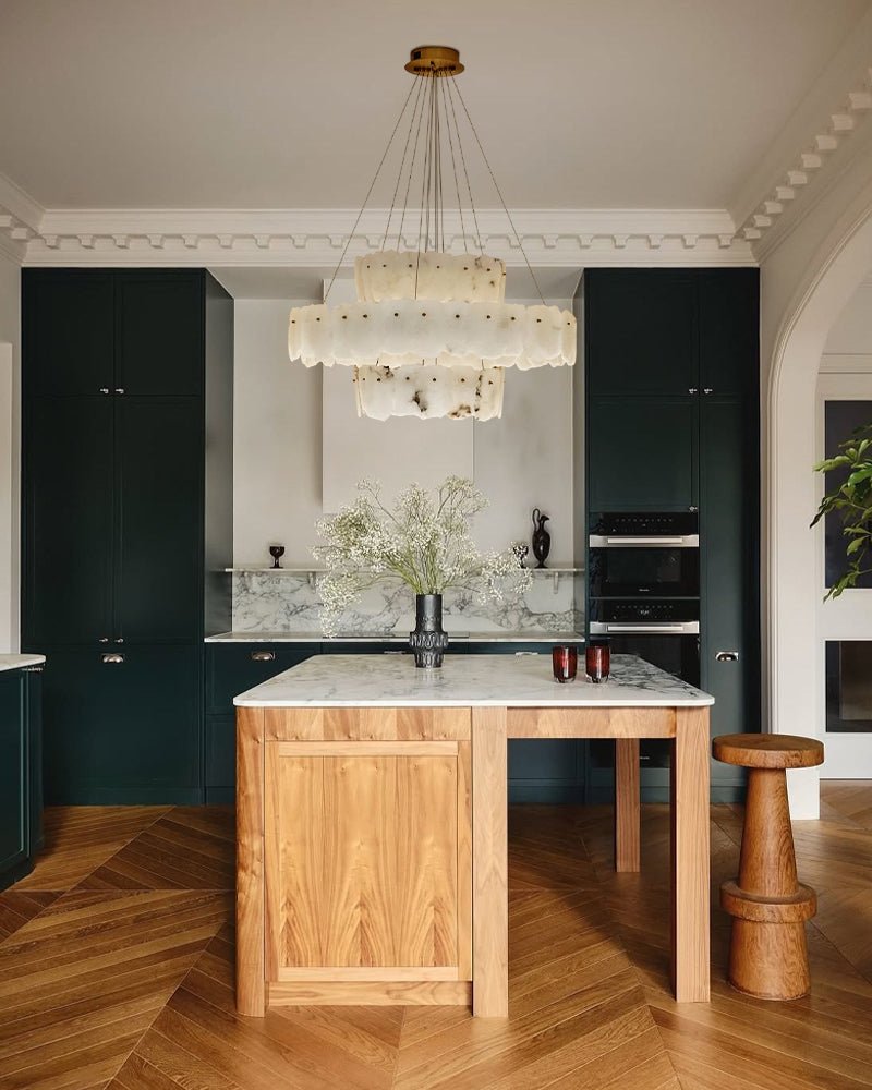 3 - tiered stairwell chandeliers | irregular alabaster plate in disk ceiling with long cord - D23.6" + D31.5"White + Brassgayusan