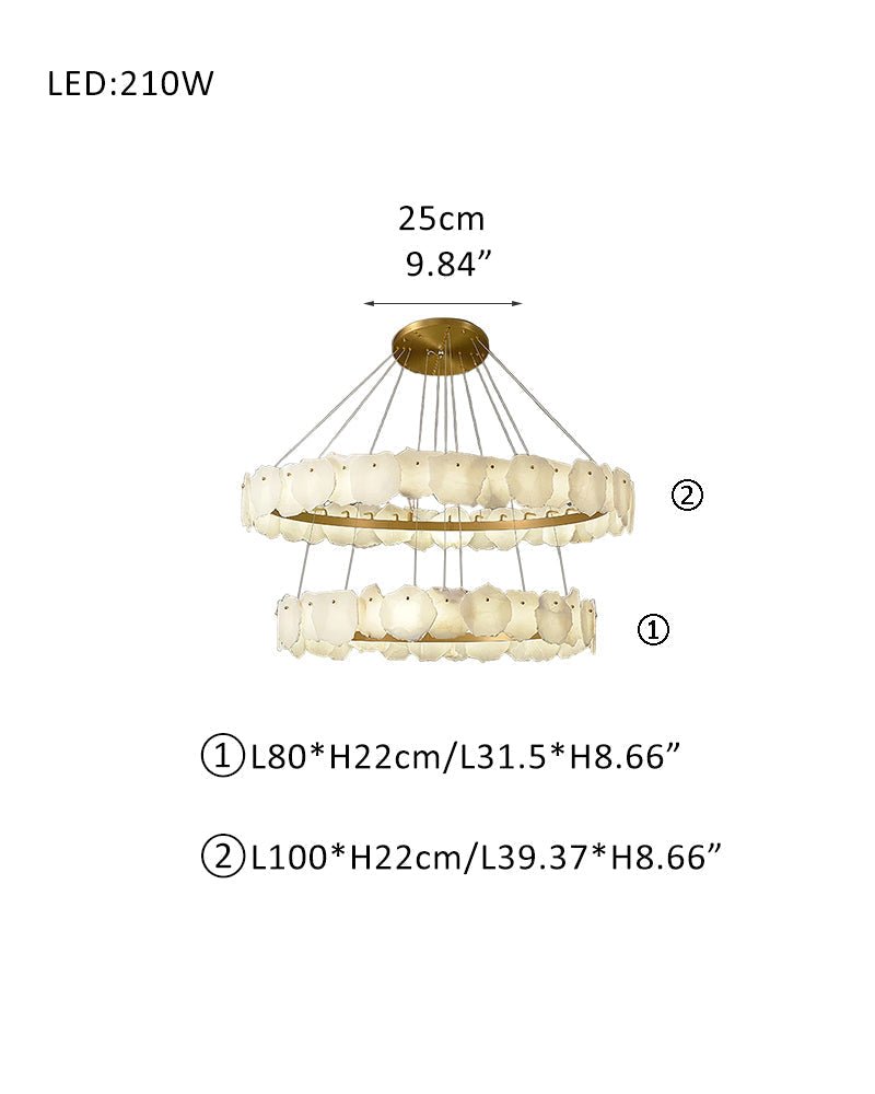 3 - tiered stairwell chandeliers | irregular alabaster plate in disk ceiling with long cord - D31.5" + D39.4"White + Brassgayusan