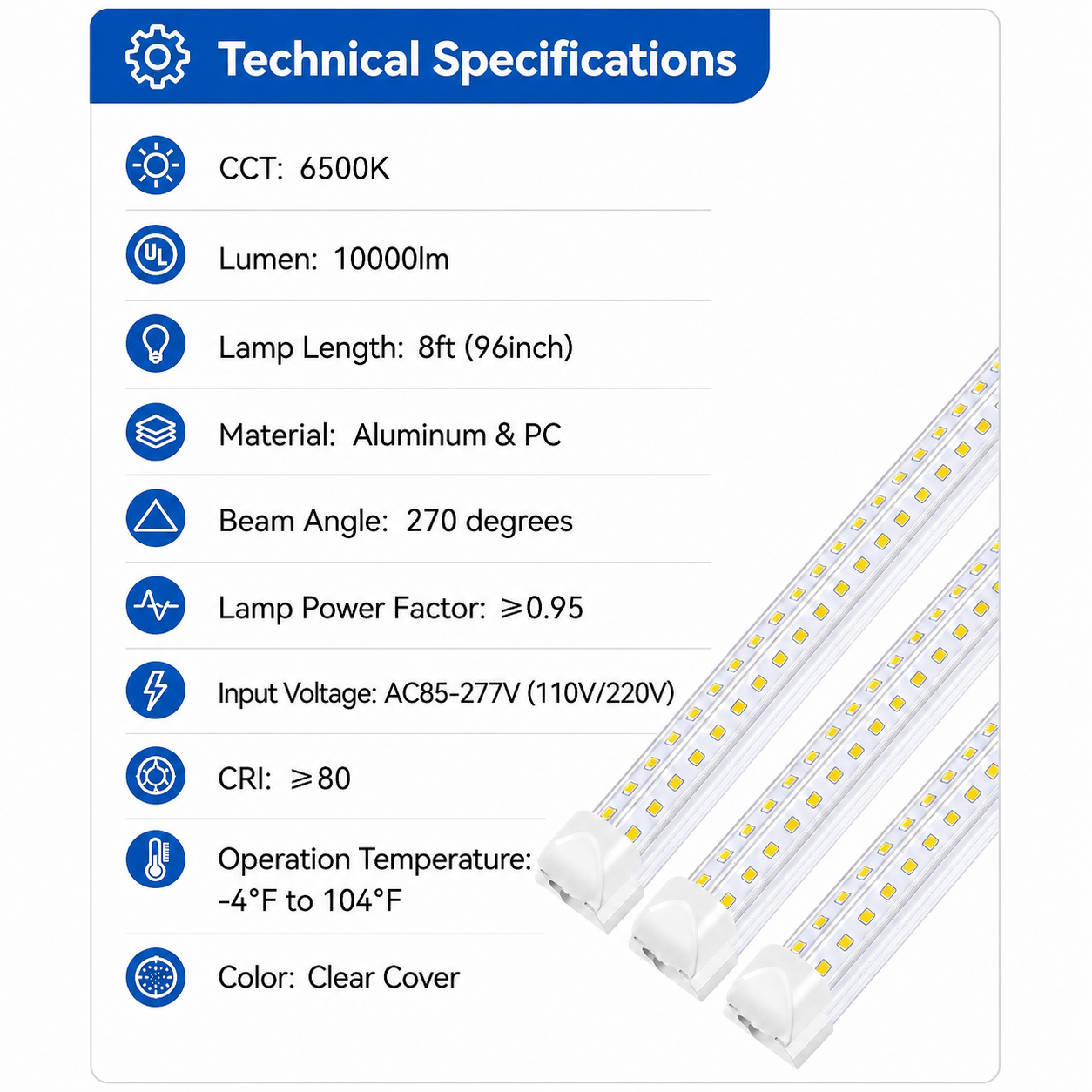 30-Pack 8FT LED Shop Lights, 10000LM Super Bright, 90W, 6500K Cool White, Clear Cover, Linkable LED Light Fixtures for Garage, Workshop, Warehouse & Barn