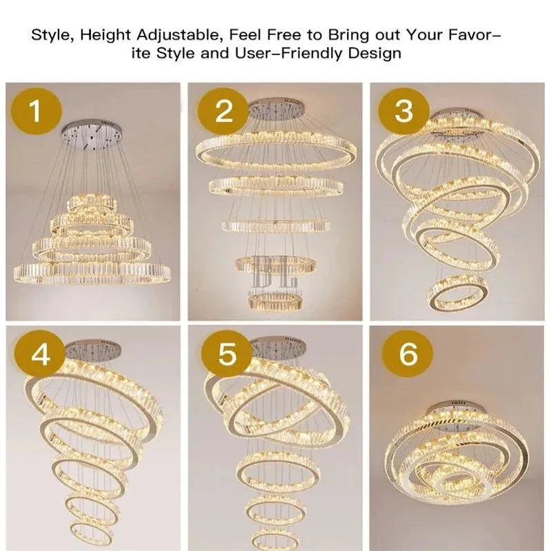 6 Tier Crystal Ring Chandelier for High Ceiling - ChromeWarm white 3000Kgayusan
