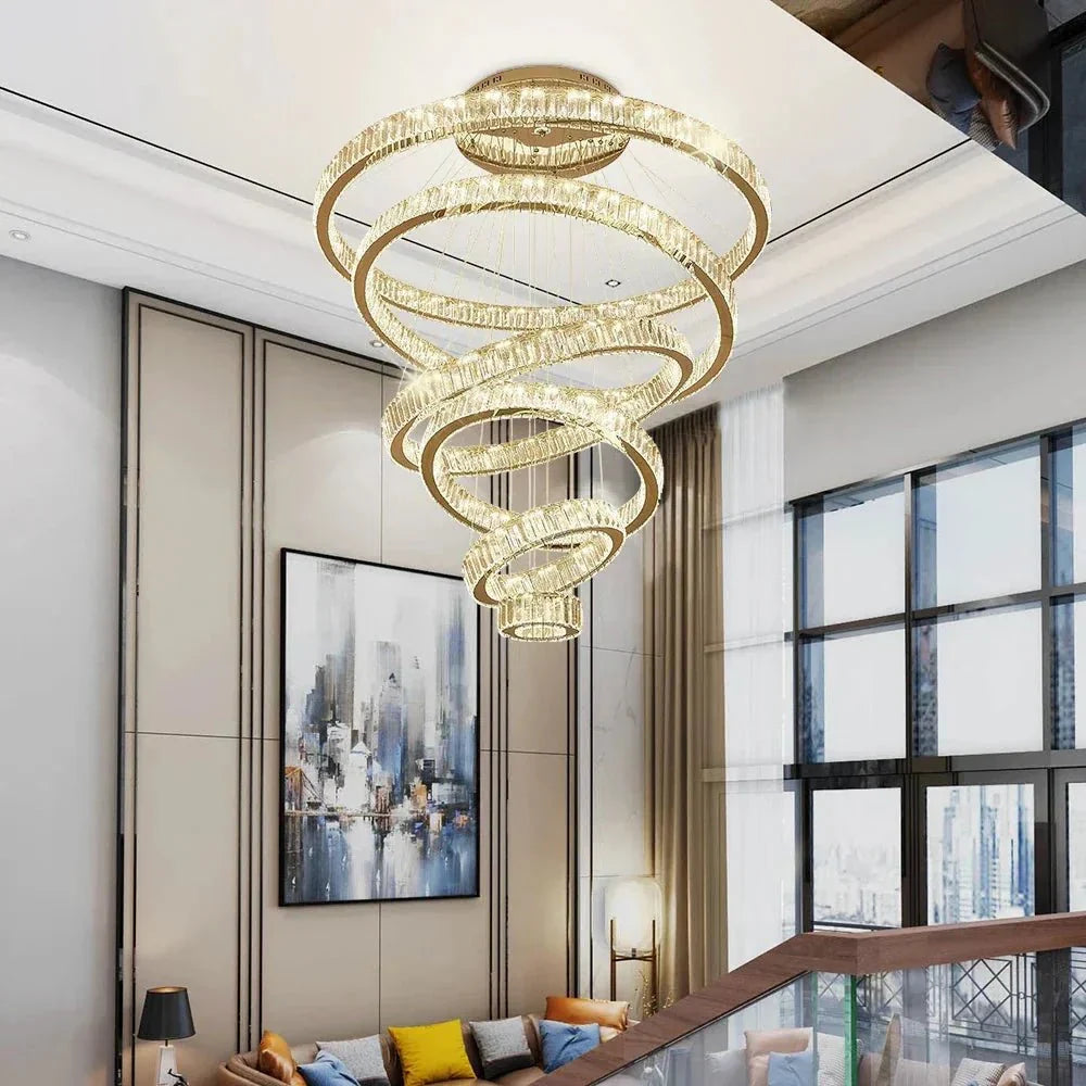 6 Tier Crystal Ring Chandelier for High Ceiling - GoldWarm white 3000Kgayusan