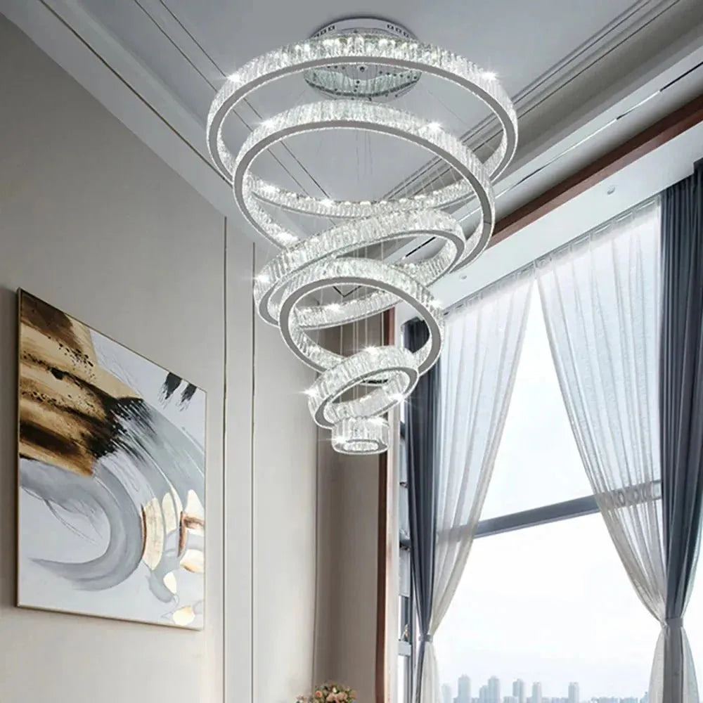 6 Tier Crystal Ring Chandelier for High Ceiling - ChromeWarm white 3000Kgayusan