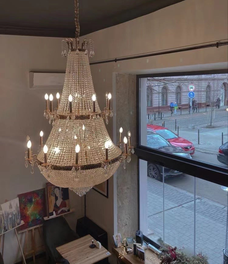 Oversized Luxury Double-layers Golden French Style Candle Crystal Chandelier for Living/Dinning Room/Foyer/Hallway/Staircase