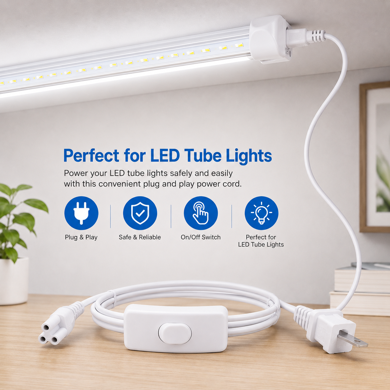 2Pack T5 T8 LED Wire Connector Power Cord LED Tube Power Corded Electric with Built-in ON/Off Switch (59.06 inch)