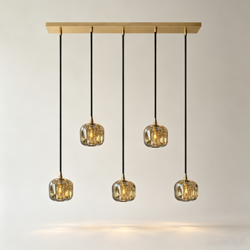 5-Light Modern Amber Crystal Linear Chandelier with Gold Base and Black Suspension Cords