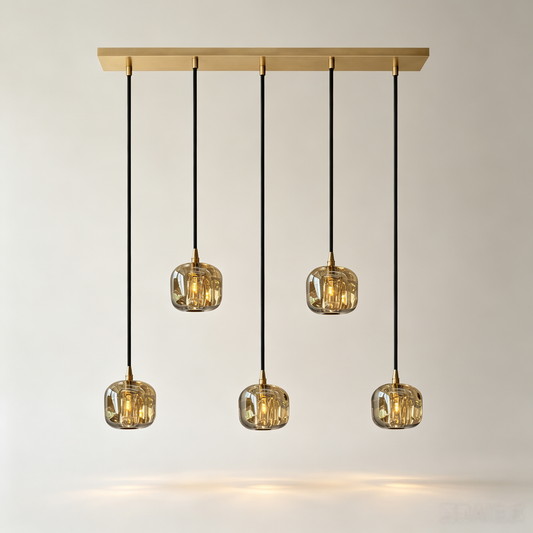 5-Light Modern Amber Crystal Linear Chandelier with Gold Base and Black Suspension Cords