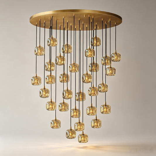 60" Round Amber Crystal Gold Cascading Chandelier