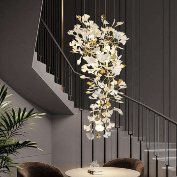 TLL Ginkgo Cascading A Branch Chandelier in Staircase