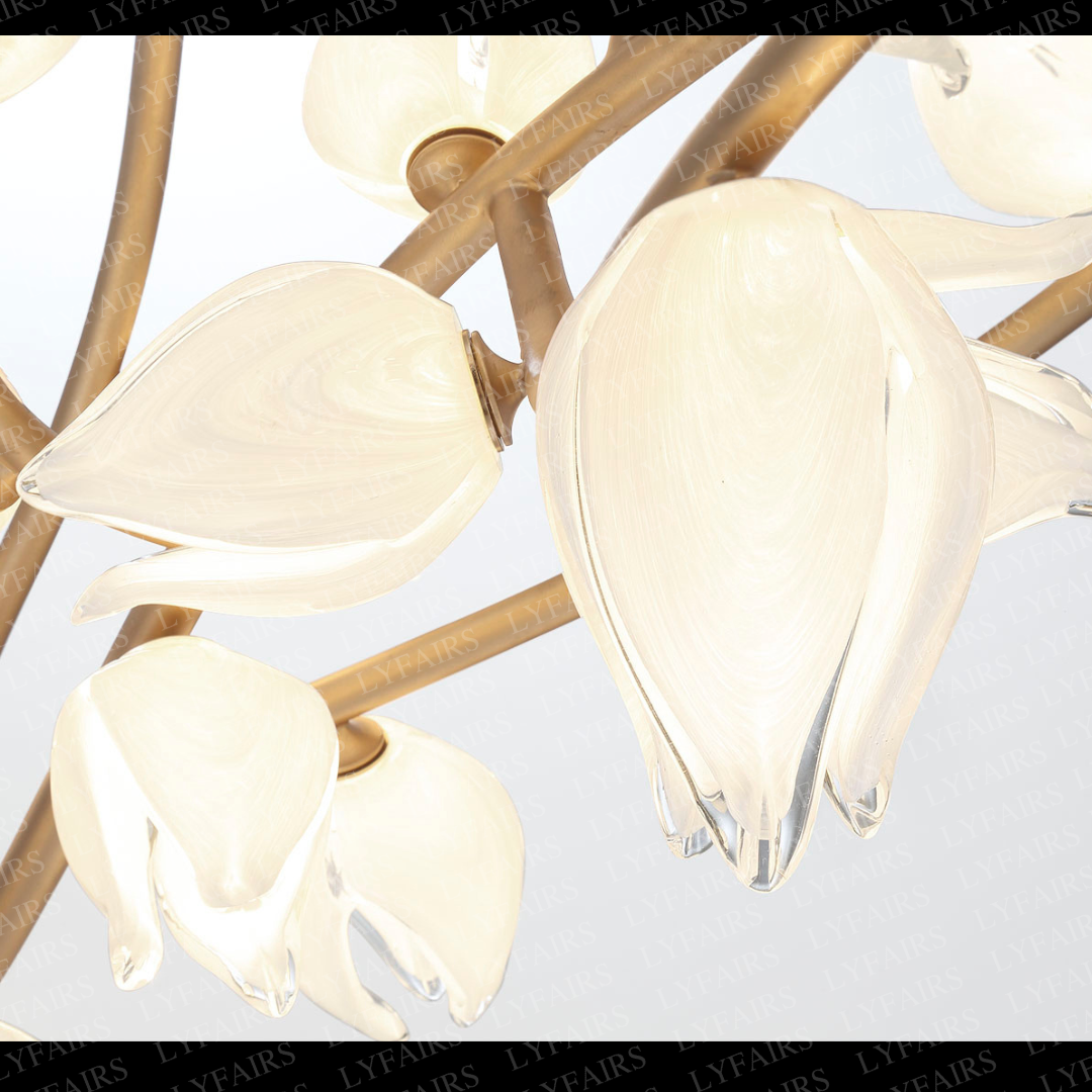 Modern Glass Flower Branch Chandelier for Low Ceiling Spaces in Living Room or Bedroom