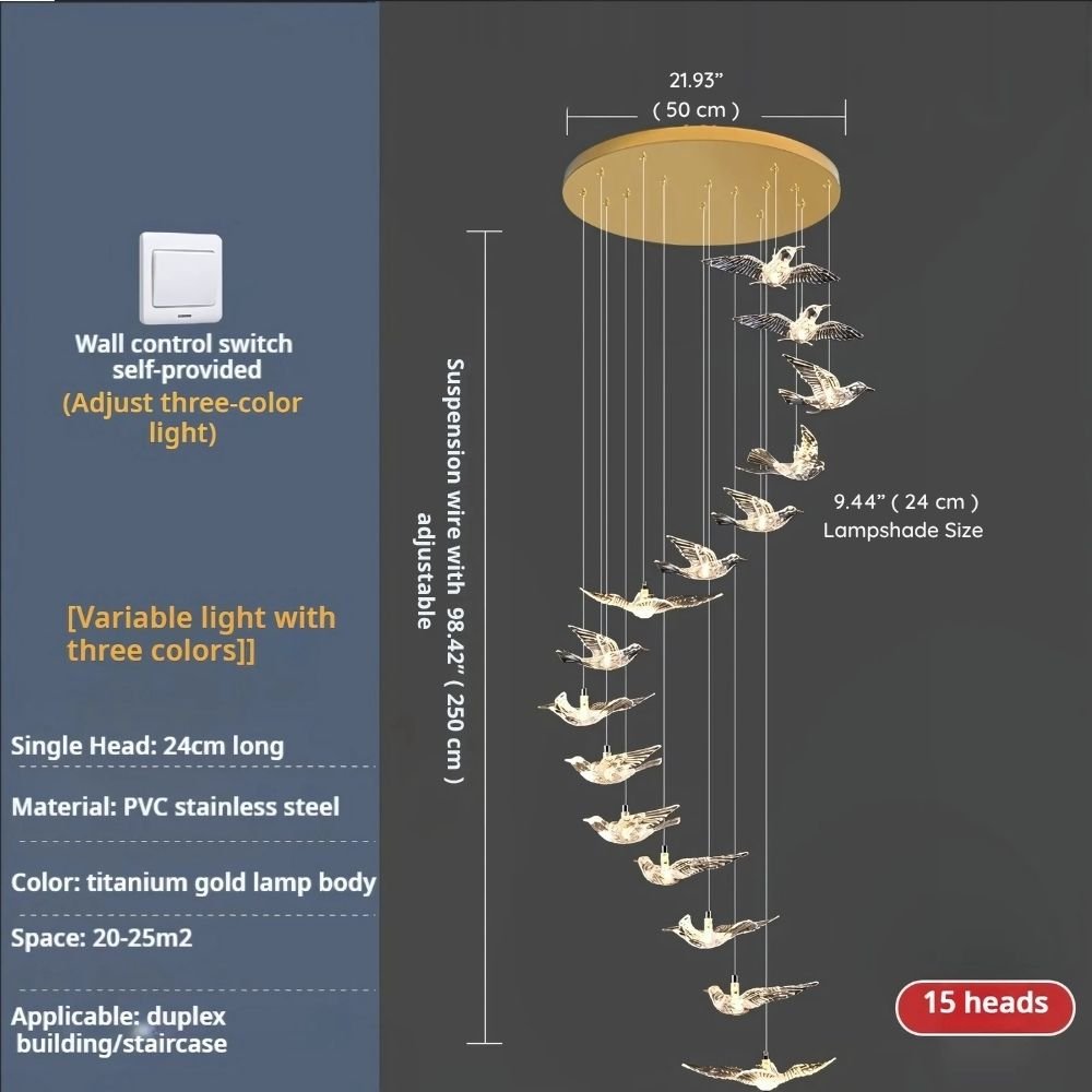 Bird Spiral Long Led Chandelier for Staircase and Foyer - Gold6 LightsCool white 6000Kgayusan