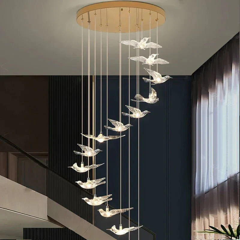 Bird Spiral Long Led Chandelier for Staircase and Foyer - Gold6 LightsCool white 6000Kgayusan