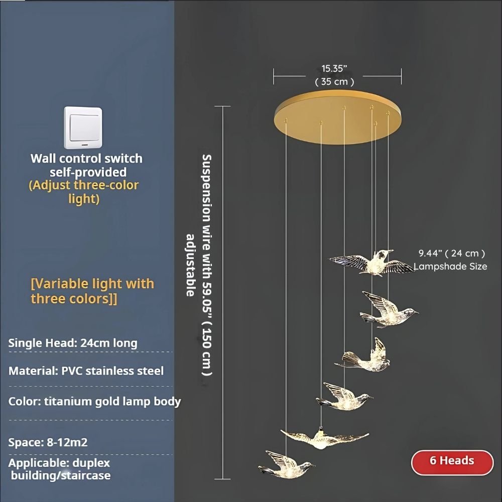 Bird Spiral Long Led Chandelier for Staircase and Foyer - Gold6 LightsCool white 6000Kgayusan