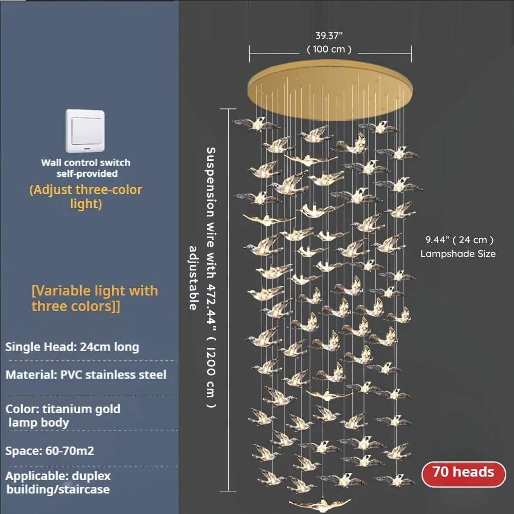 Bird Spiral Long Led Chandelier for Staircase and Foyer - Gold6 LightsCool white 6000Kgayusan