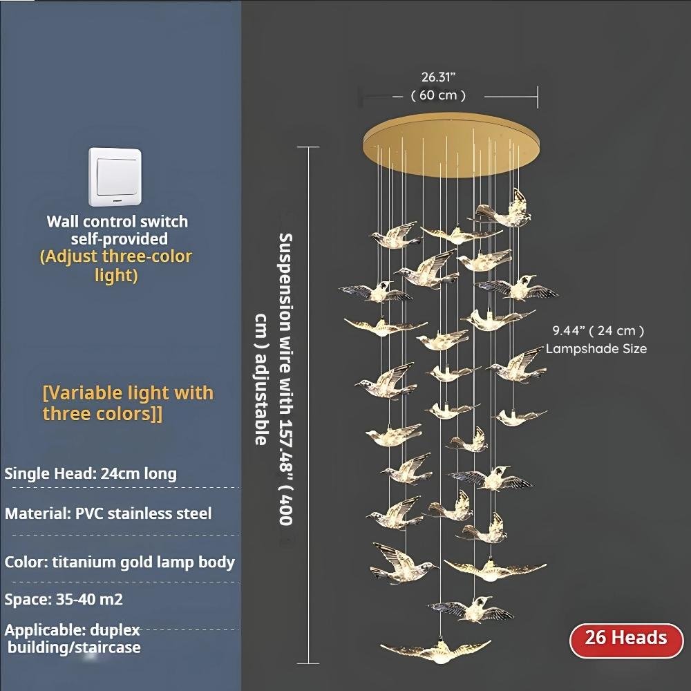 Bird Spiral Long Led Chandelier for Staircase and Foyer - Gold6 LightsCool white 6000Kgayusan