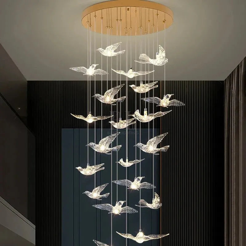 Bird Spiral Long Led Chandelier for Staircase and Foyer - Gold6 LightsCool white 6000Kgayusan