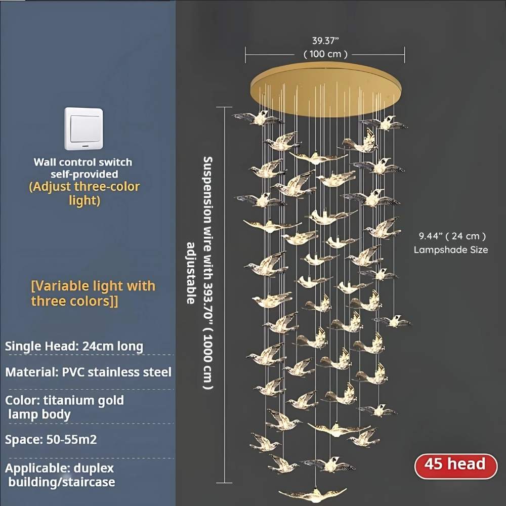 Bird Spiral Long Led Chandelier for Staircase and Foyer - Gold6 LightsCool white 6000Kgayusan
