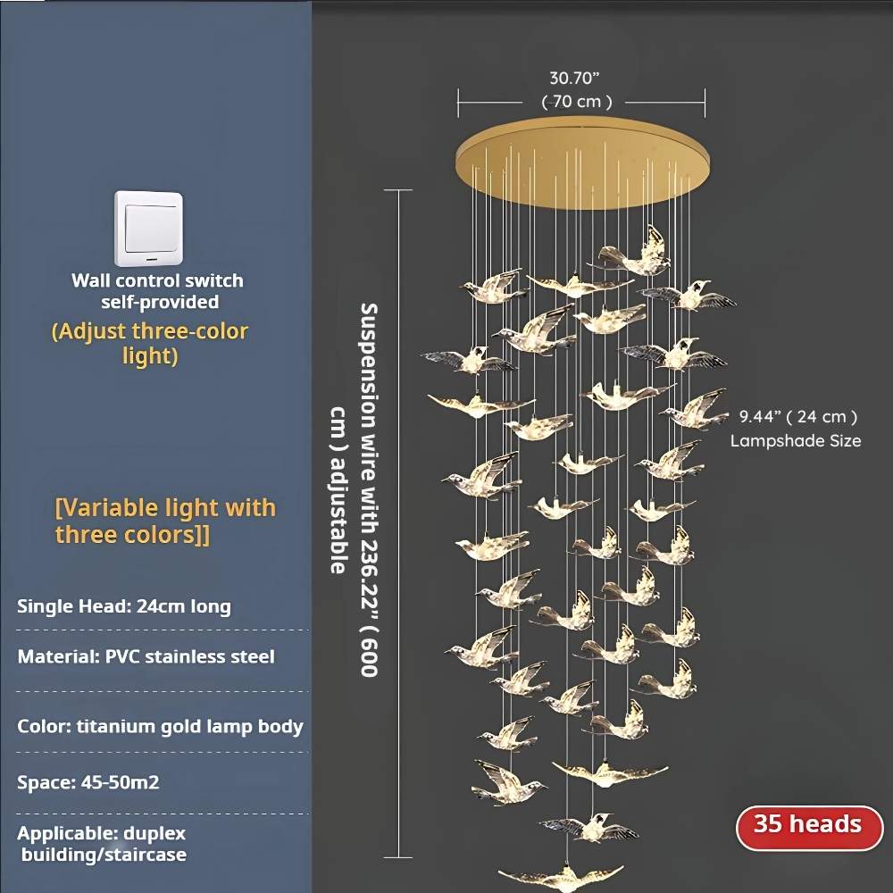Bird Spiral Long Led Chandelier for Staircase and Foyer - Gold6 LightsCool white 6000Kgayusan
