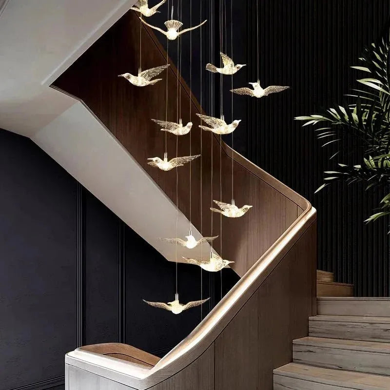 Bird Spiral Long Led Chandelier for Staircase and Foyer - Gold6 LightsCool white 6000Kgayusan