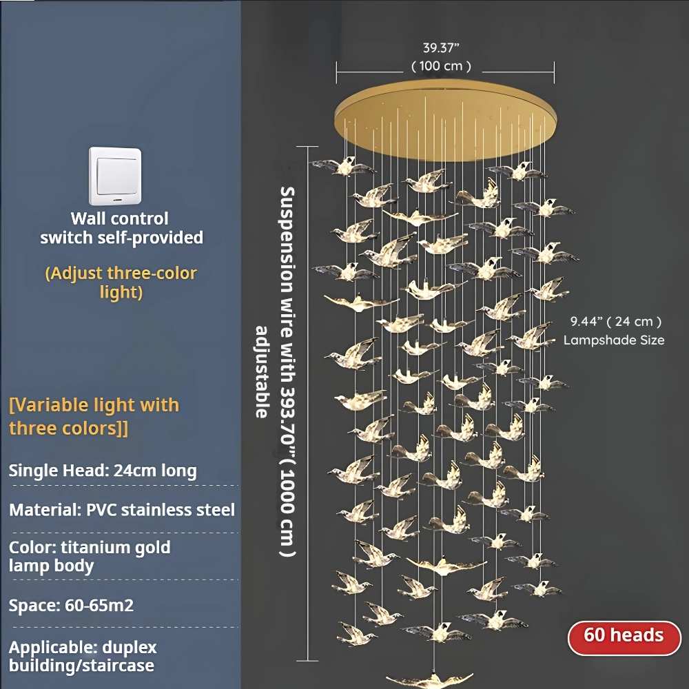 Bird Spiral Long Led Chandelier for Staircase and Foyer - Gold6 LightsCool white 6000Kgayusan