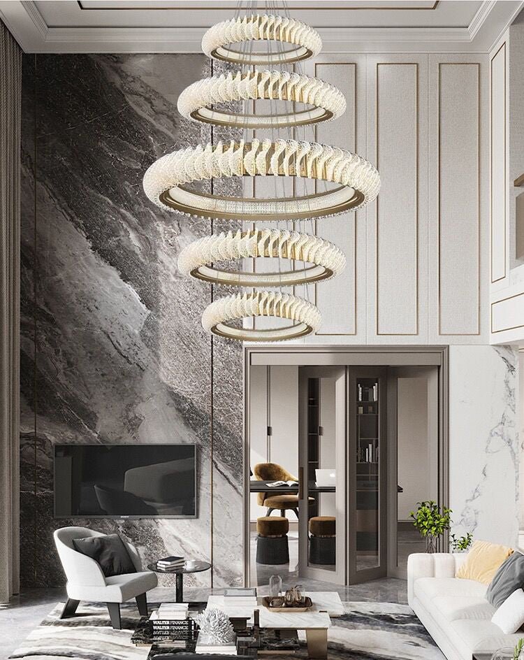 Extra Large Multi - layers Rings Crystal Chandelier Modern Art Waves Creative Pendant Light For High - ciling Foyer/Hallway/Staircase - 4 Layers:D39.4"GoldWarm Lightgayusan