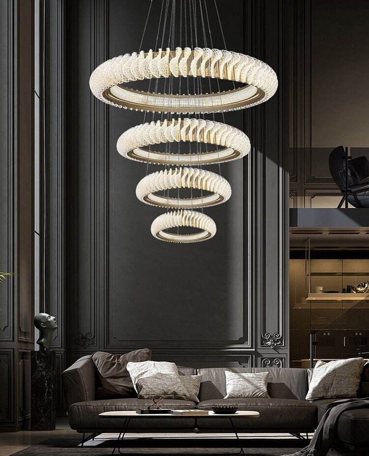 Extra Large Multi - layers Rings Crystal Chandelier Modern Art Waves Creative Pendant Light For High - ciling Foyer/Hallway/Staircase - 4 Layers:D39.4"GoldWarm Lightgayusan