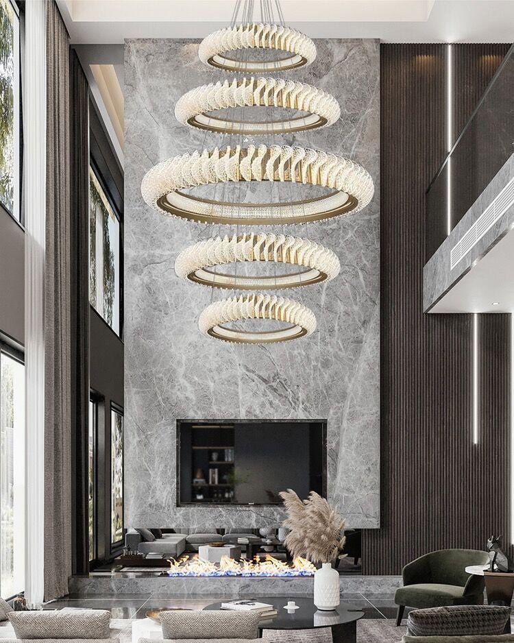 Extra Large Multi - layers Rings Crystal Chandelier Modern Art Waves Creative Pendant Light For High - ciling Foyer/Hallway/Staircase - 4 Layers:D39.4"GoldWarm Lightgayusan