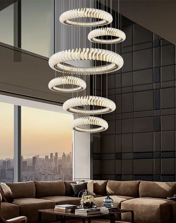 Extra Large Multi - layers Rings Crystal Chandelier Modern Art Waves Creative Pendant Light For High - ciling Foyer/Hallway/Staircase - 4 Layers:D39.4"GoldWarm Lightgayusan