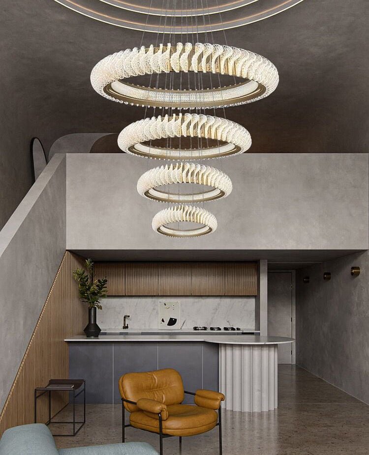 Extra Large Multi - layers Rings Crystal Chandelier Modern Art Waves Creative Pendant Light For High - ciling Foyer/Hallway/Staircase - 4 Layers:D39.4"GoldWarm Lightgayusan