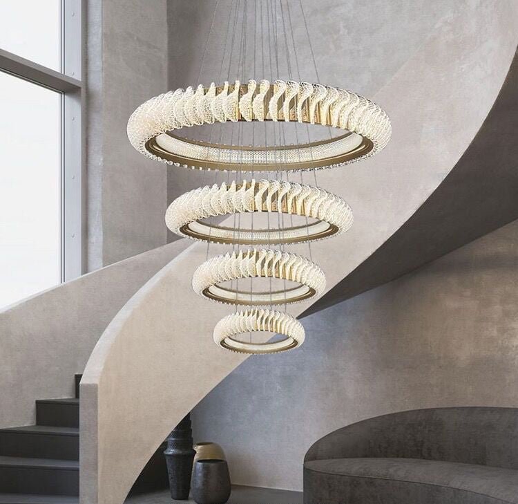 Extra Large Multi - layers Rings Crystal Chandelier Modern Art Waves Creative Pendant Light For High - ciling Foyer/Hallway/Staircase - 4 Layers:D39.4"GoldWarm Lightgayusan