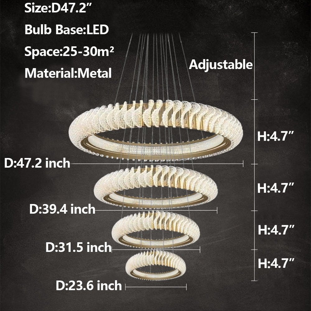 Extra Large Multi - layers Rings Crystal Chandelier Modern Art Waves Creative Pendant Light For High - ciling Foyer/Hallway/Staircase - 4 Layers:D39.4"GoldWarm Lightgayusan
