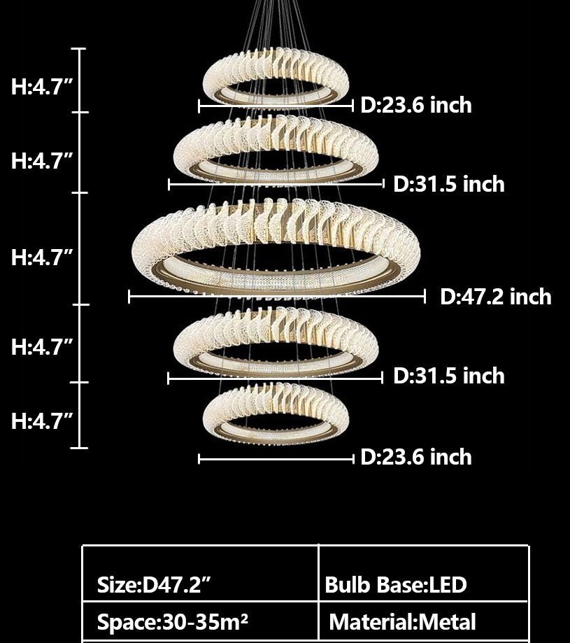 Extra Large Multi - layers Rings Crystal Chandelier Modern Art Waves Creative Pendant Light For High - ciling Foyer/Hallway/Staircase - 4 Layers:D39.4"GoldWarm Lightgayusan