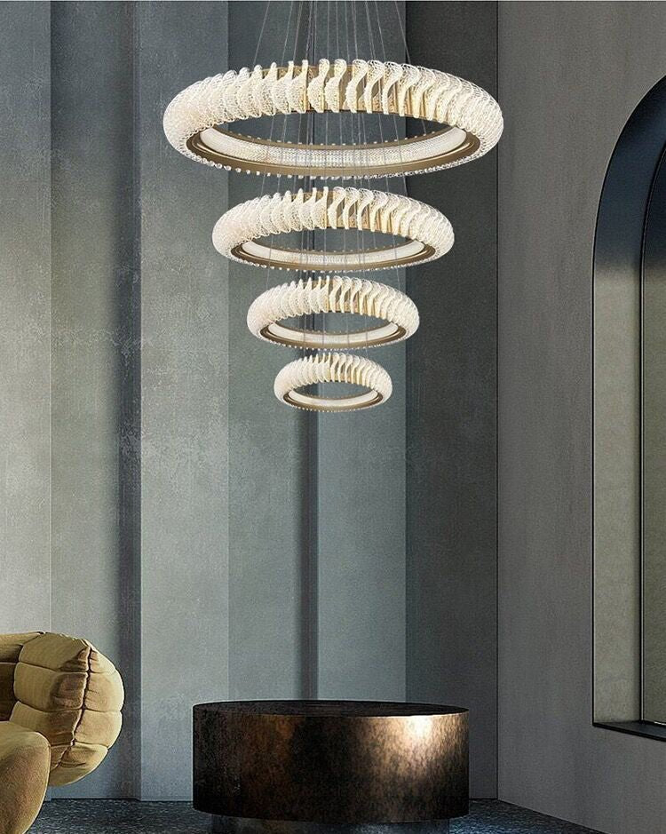 Extra Large Multi - layers Rings Crystal Chandelier Modern Art Waves Creative Pendant Light For High - ciling Foyer/Hallway/Staircase - 4 Layers:D39.4"GoldWarm Lightgayusan