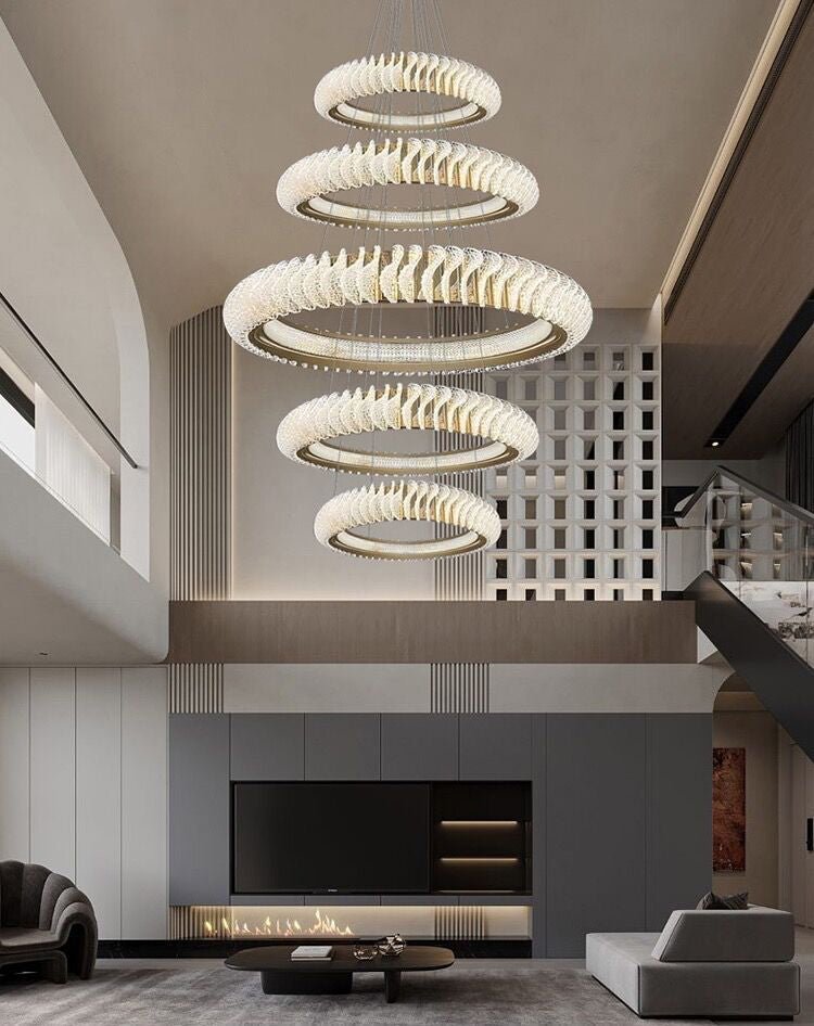 Extra Large Multi - layers Rings Crystal Chandelier Modern Art Waves Creative Pendant Light For High - ciling Foyer/Hallway/Staircase - 4 Layers:D39.4"GoldWarm Lightgayusan
