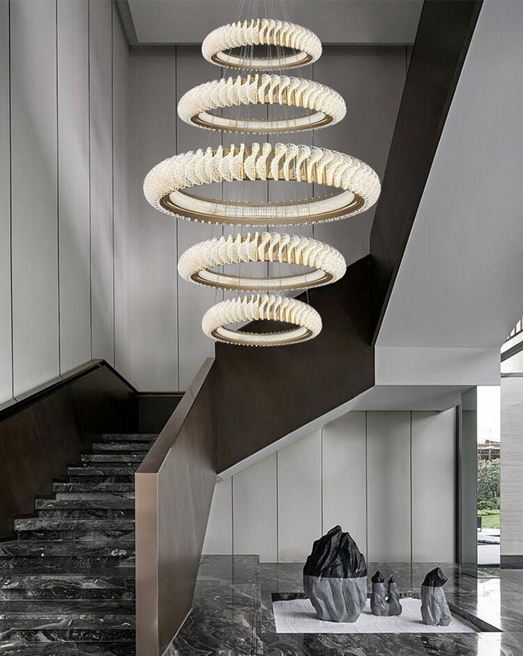 Extra Large Multi - layers Rings Crystal Chandelier Modern Art Waves Creative Pendant Light For High - ciling Foyer/Hallway/Staircase - 4 Layers:D39.4"GoldWarm Lightgayusan