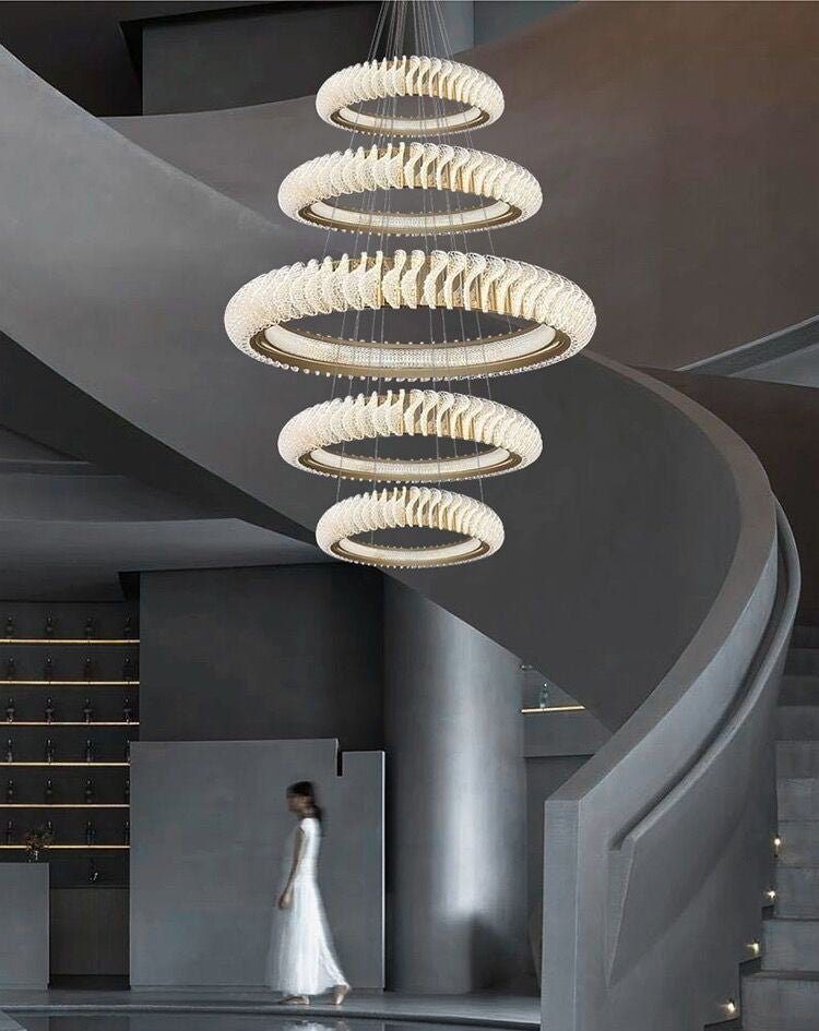 Extra Large Multi - layers Rings Crystal Chandelier Modern Art Waves Creative Pendant Light For High - ciling Foyer/Hallway/Staircase - 4 Layers:D39.4"GoldWarm Lightgayusan