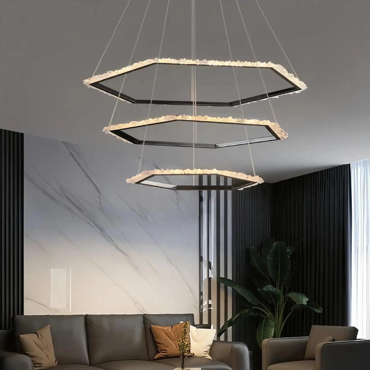 Gina Hexagonal Rock Crystal Black Ring Chandelier - Style Cgayusan