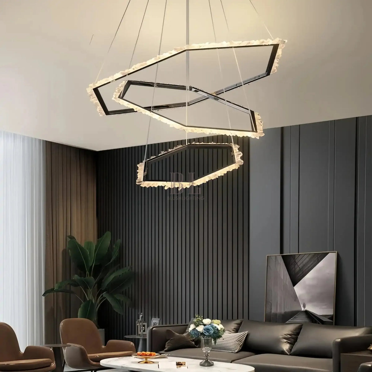 Gina Hexagonal Rock Crystal Black Ring Chandelier - Style Cgayusan
